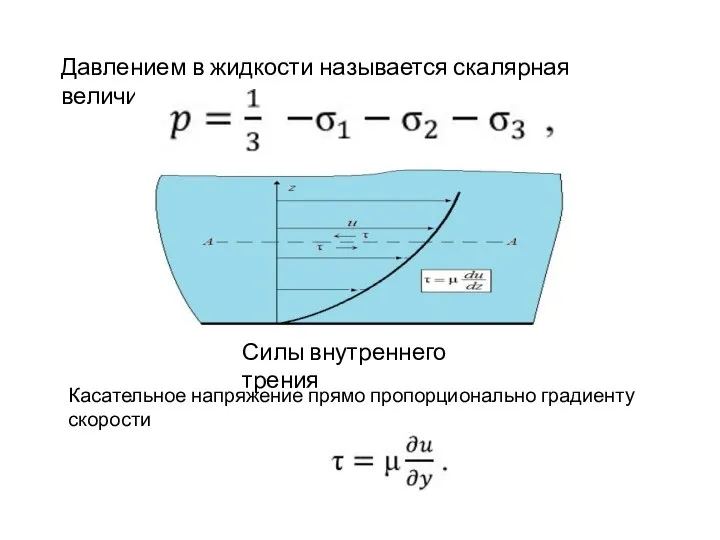 Давлением в жидкости называется скалярная величина Силы внутреннего трения Касательное напряжение прямо пропорционально градиенту скорости