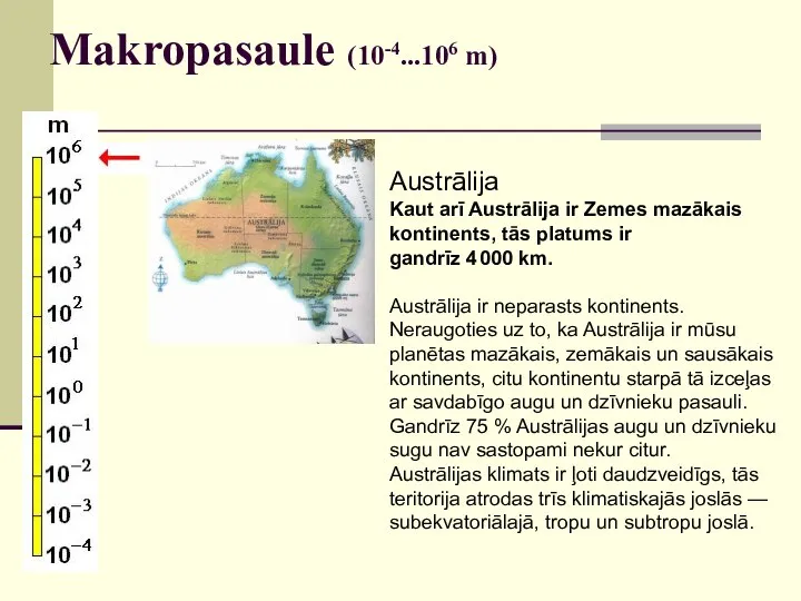 Makropasaule (10-4...106 m) Austrālija Kaut arī Austrālija ir Zemes mazākais kontinents, tās