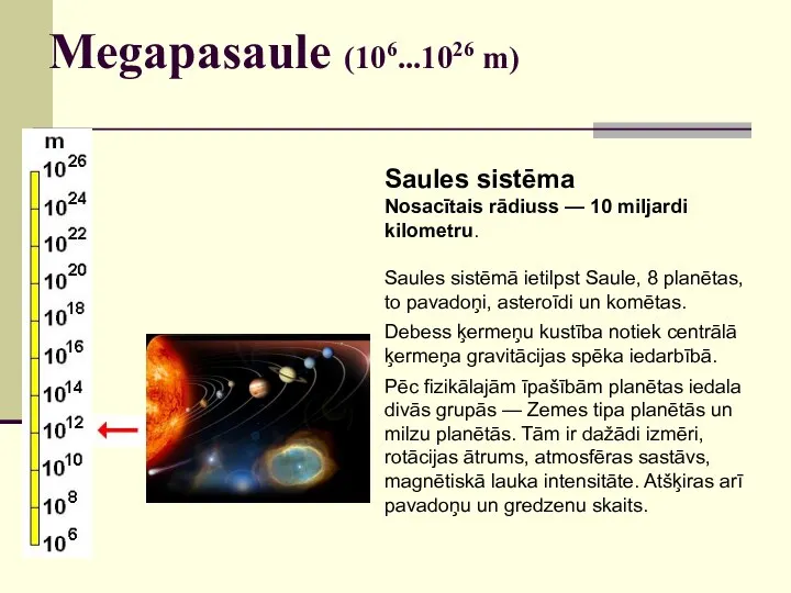 Megapasaule (106...1026 m) Saules sistēma Nosacītais rādiuss — 10 miljardi kilometru. Saules