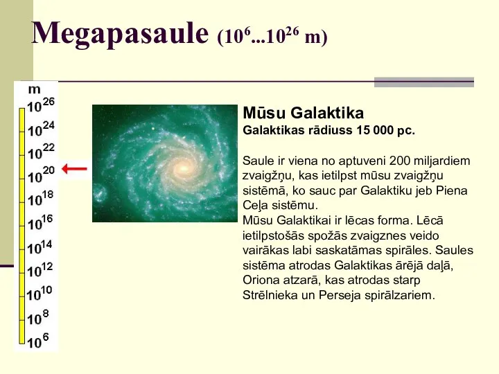 Megapasaule (106...1026 m) Mūsu Galaktika Galaktikas rādiuss 15 000 pc. Saule ir