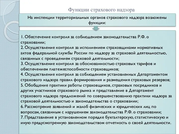 Функции страхового надзора На инспекции территориальных органов страхового надзора возложены функции: 1.