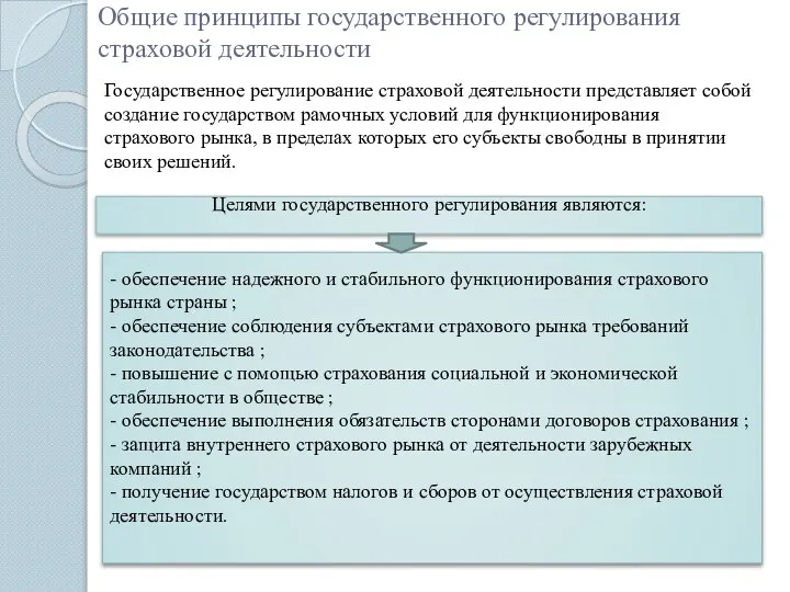 Общие принципы государственного регулирования страховой деятельности Целями государственного регулирования являются: Государственное регулирование