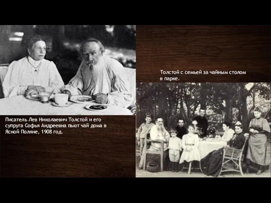 Писатель Лев Николаевич Толстой и его супруга Софья Андреевна пьют чай дома