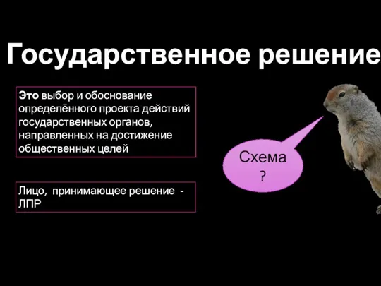 Государственное решение Это выбор и обоснование определённого проекта действий государственных органов, направленных