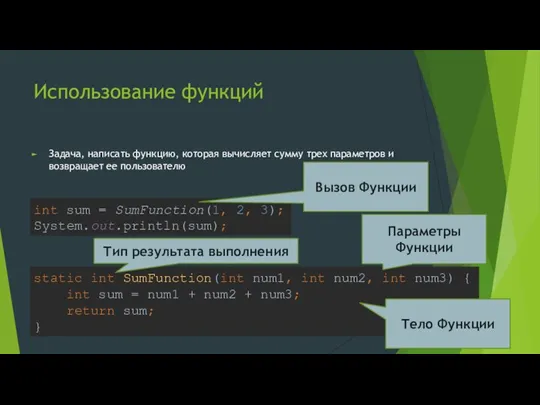 Использование функций Задача, написать функцию, которая вычисляет сумму трех параметров и возвращает