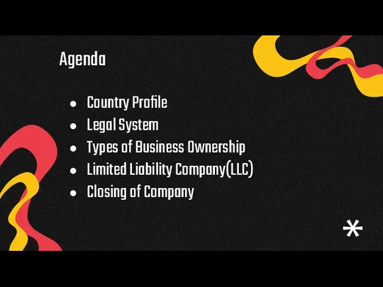 Agenda Country Profile Legal System Types of Business Ownership Limited Liability Company(LLC) Closing of Company