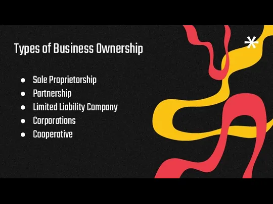 Types of Business Ownership Sole Proprietorship Partnership Limited Liability Company Corporations Cooperative