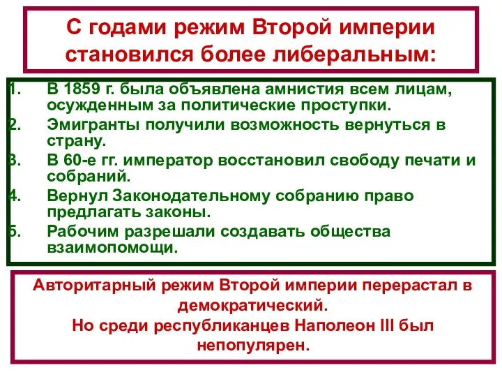 С годами режим Второй империи становился более либеральным: В 1859 г. была