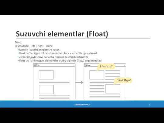 Suzuvchi elementlar (Float) float Qiymatlari: left | right | none kenglik (width)