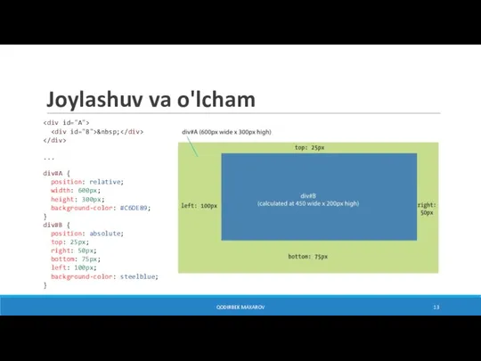 Joylashuv va o'lcham &nbsp; ... div#A { position: relative; width: 600px; height: