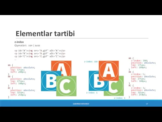 Elementlar tartibi z-index Qiymatlari: son | auto ... QODIRBEK MAXAROV #A {