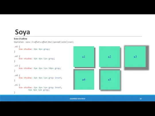 Soya box-shadow Qiymatlari: none | h-offset v-offset [blur] [spread] [color] [inset]; .a1