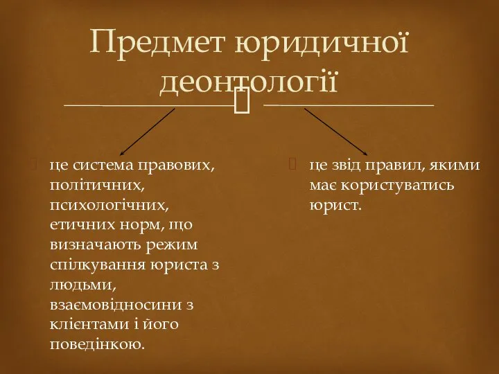 Предмет юридичної деонтології це система правових, політичних, психологічних, етичних норм, що визначають