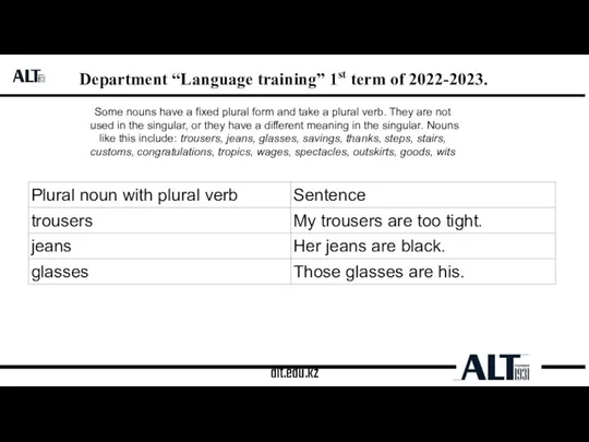 alt.edu.kz Department “Language training” 1st term of 2022-2023. Some nouns have a