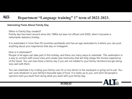 alt.edu.kz Department “Language training” 1st term of 2022-2023. Interesting Facts About Family
