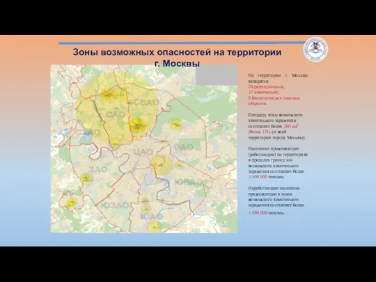 На территории г. Москвы находятся: 20 радиационных, 37 химических, 8 биологических опасных