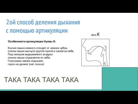 2ой способ деления дыхания с помощью артикуляции Особенности артикуляции буквы К: Кончик