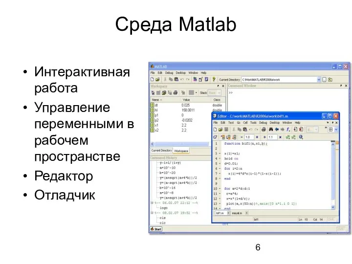 Среда Matlab Интерактивная работа Управление переменными в рабочем пространстве Редактор Отладчик