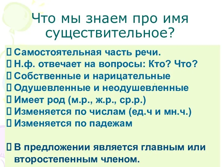 Что мы знаем про имя существительное? Самостоятельная часть речи. Н.ф. отвечает на