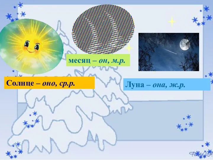 месяц – он, м.р. Луна – она, ж.р. Солнце – оно, ср.р.