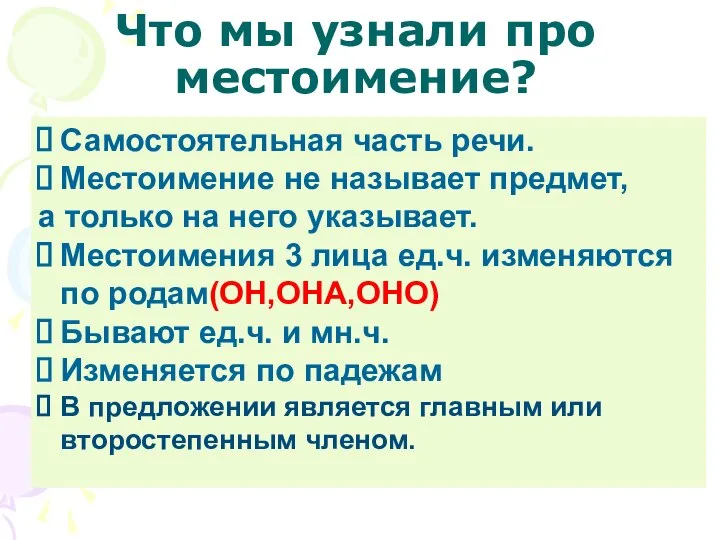 Что мы узнали про местоимение? Самостоятельная часть речи. Местоимение не называет предмет,