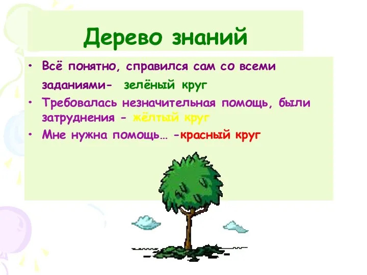 Дерево знаний Всё понятно, справился сам со всеми заданиями- зелёный круг Требовалась