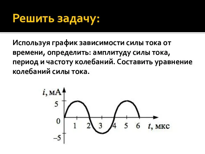 Решить задачу: Используя график зависимости силы тока от времени, определить: амплитуду силы