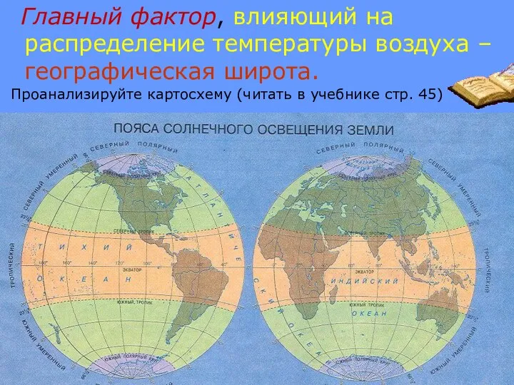 Главный фактор, влияющий на распределение температуры воздуха – географическая широта. Проанализируйте картосхему