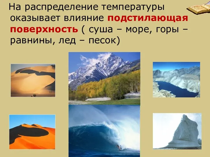 На распределение температуры оказывает влияние подстилающая поверхность ( суша – море, горы