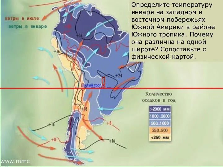 Определите температуру января на западном и восточном побережьях Южной Америки в районе