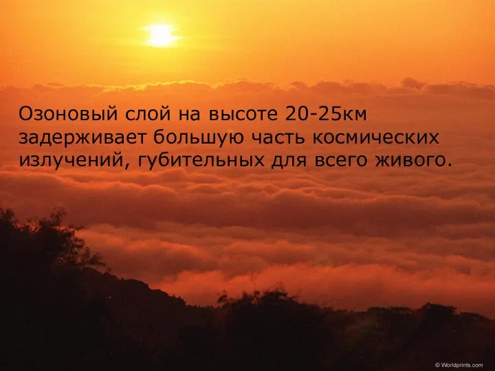 Озоновый слой на высоте 20-25км задерживает большую часть космических излучений, губительных для всего живого.