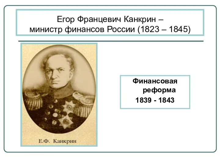 Егор Францевич Канкрин – министр финансов России (1823 – 1845) Финансовая реформа 1839 - 1843