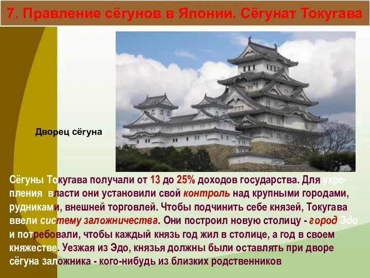 7. Правление сёгунов в Японии. Сёгунат Токугава Сёгуны Токугава получали от 13