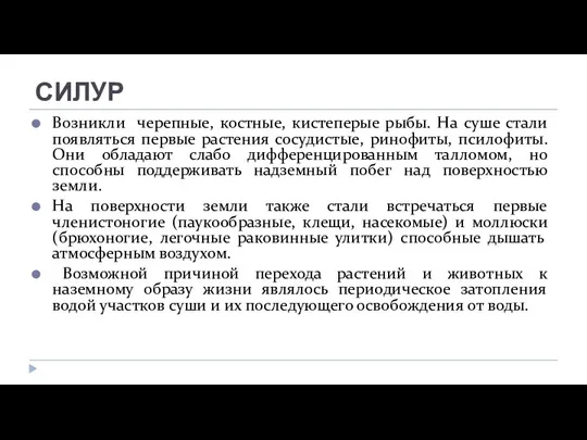 СИЛУР Возникли черепные, костные, кистеперые рыбы. На суше стали появляться первые растения