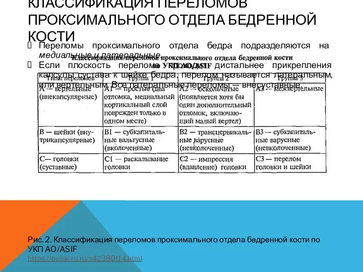 КЛАССИФИКАЦИЯ ПЕРЕЛОМОВ ПРОКСИМАЛЬНОГО ОТДЕЛА БЕДРЕННОЙ КОСТИ Рис. 2. Классификация переломов проксимального отдела