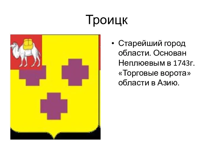 Троицк Старейший город области. Основан Неплюевым в 1743г. «Торговые ворота» области в Азию.