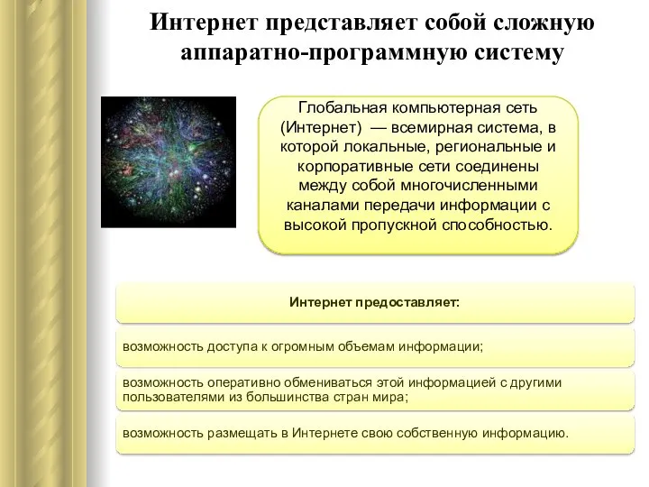 Интернет представляет собой сложную аппаратно-программную систему Глобальная компьютерная сеть (Интернет) — всемирная