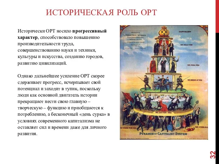 ИСТОРИЧЕСКАЯ РОЛЬ ОРТ Исторически ОРТ носило прогрессивный характер, способствовало повышению производительности труда,