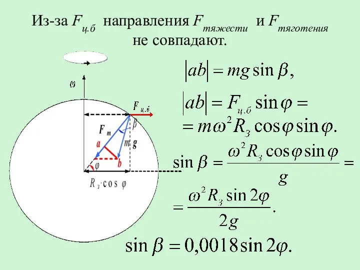 Из-за Fц.б направления Fтяжести и Fтяготения не совпадают.