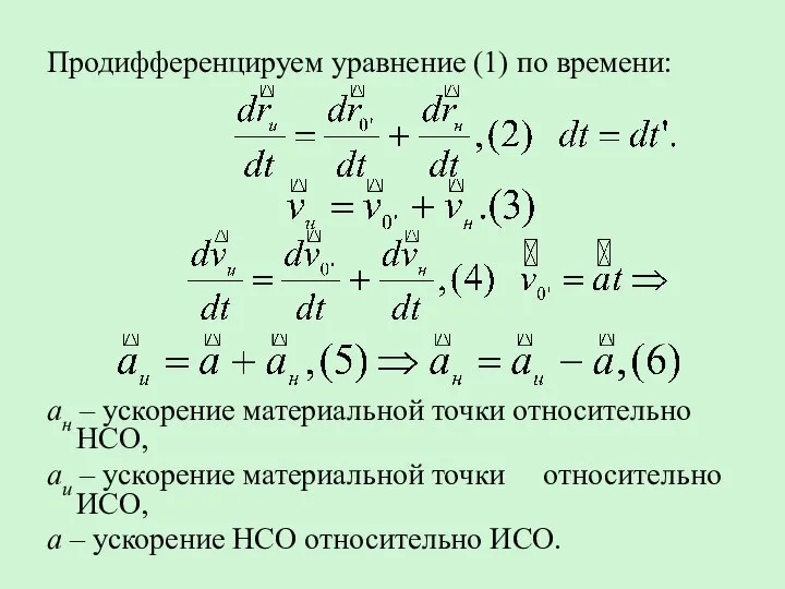 Продифференцируем уравнение (1) по времени: ан – ускорение материальной точки относительно НСО,