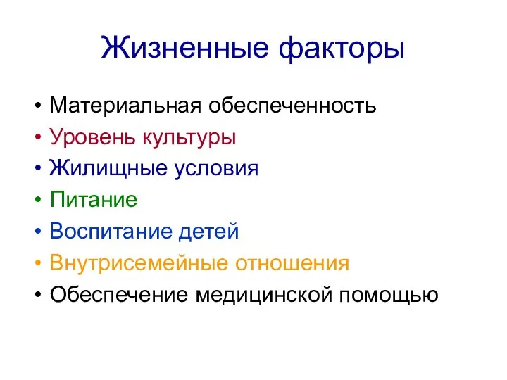 Жизненные факторы Материальная обеспеченность Уровень культуры Жилищные условия Питание Воспитание детей Внутрисемейные отношения Обеспечение медицинской помощью