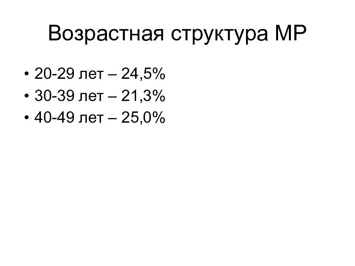 Возрастная структура МР 20-29 лет – 24,5% 30-39 лет – 21,3% 40-49 лет – 25,0%