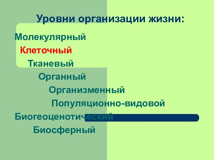 Молекулярный Клеточный Тканевый Органный Организменный Популяционно-видовой Биогеоценотический Биосферный Уровни организации жизни: