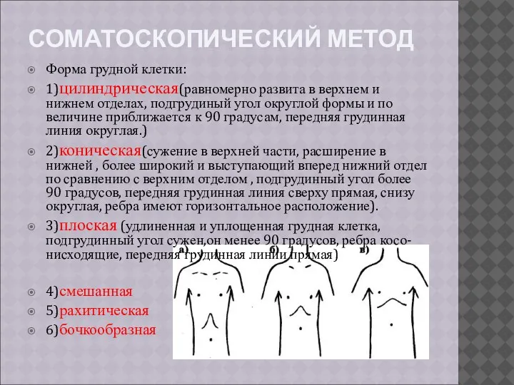 СОМАТОСКОПИЧЕСКИЙ МЕТОД Форма грудной клетки: 1)цилиндрическая(равномерно развита в верхнем и нижнем отделах,