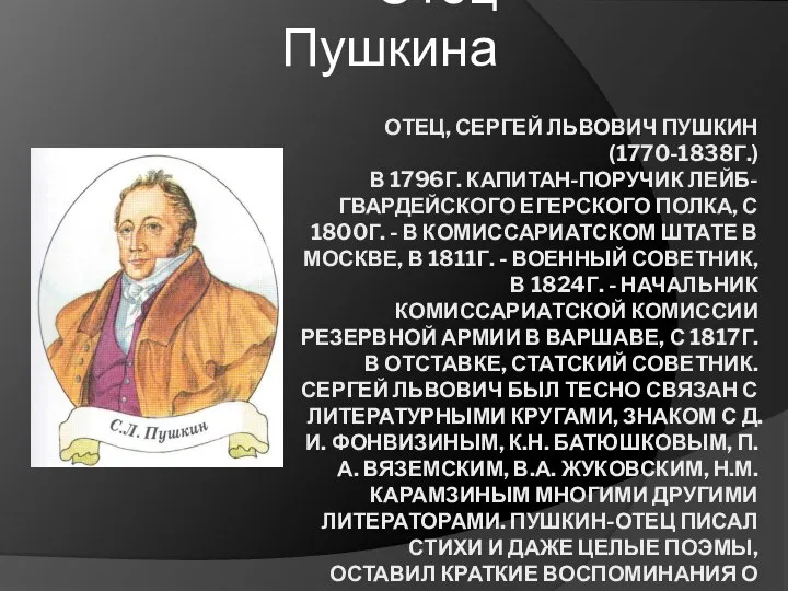 ОТЕЦ, СЕРГЕЙ ЛЬВОВИЧ ПУШКИН (1770-1838Г.) В 1796Г. КАПИТАН-ПОРУЧИК ЛЕЙБ-ГВАРДЕЙСКОГО ЕГЕРСКОГО ПОЛКА, С