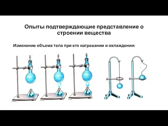 Опыты подтверждающие представление о строении вещества Изменение объема тела при его нагревании и охлаждении: