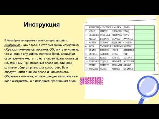 Инструкция В четвёрке анаграмм имеется одна лишняя. Анаграмма - это слово, в