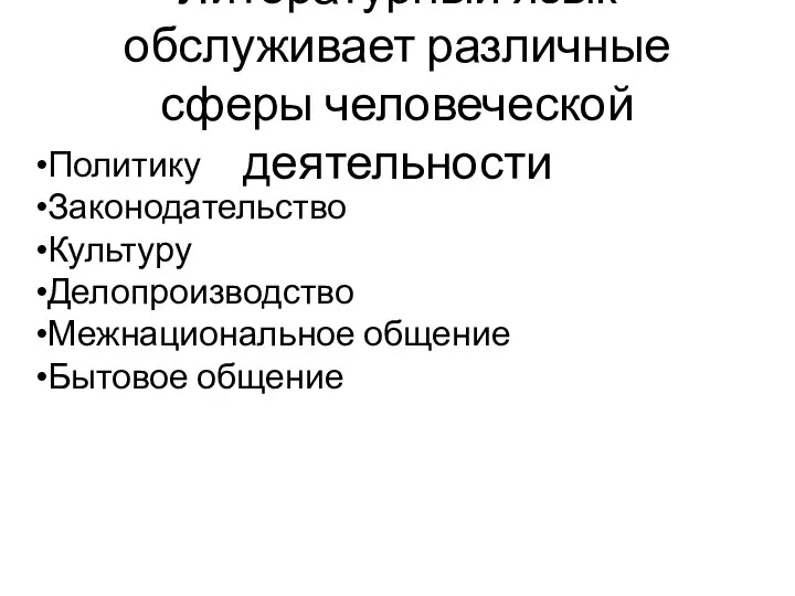 Литературный язык обслуживает различные сферы человеческой деятельности Политику Законодательство Культуру Делопроизводство Межнациональное общение Бытовое общение