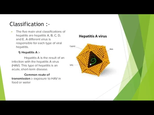 Classification :- The five main viral classifications of hepatitis are hepatitis A,