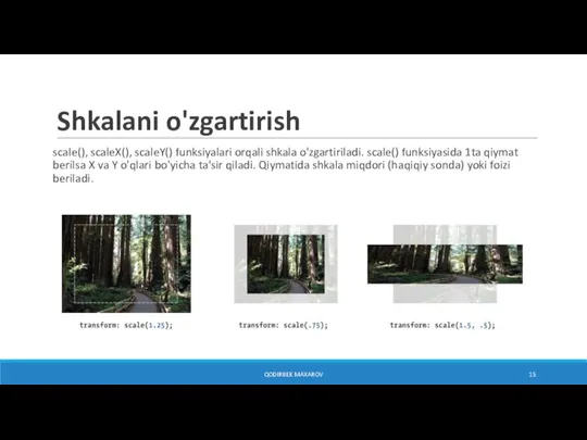 Shkalani o'zgartirish scale(), scaleX(), scaleY() funksiyalari orqali shkala o'zgartiriladi. scale() funksiyasida 1ta